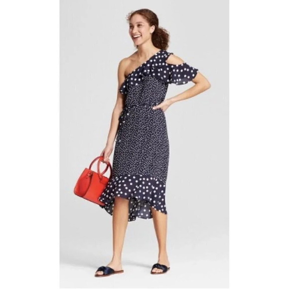 A New Day Navy Blue & White Polka Dot Ruffle One Shoulder Midi Dress XS - Picture 1 of 6